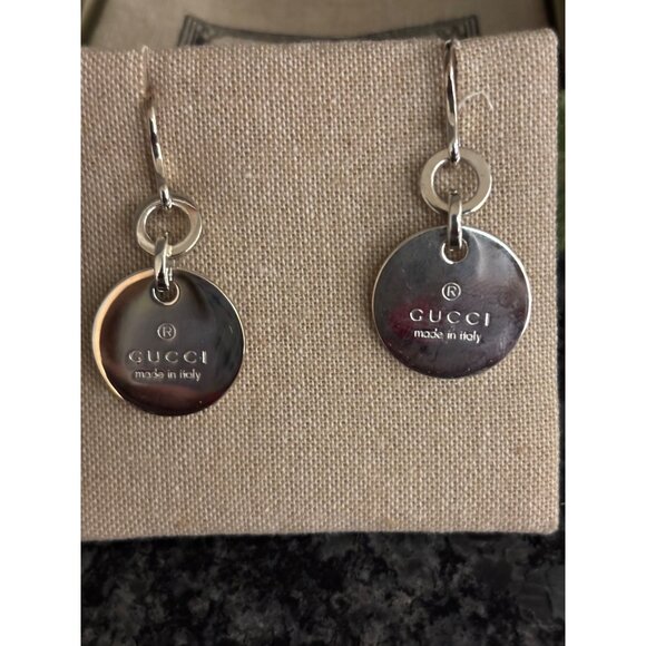 Gucci Italy Sterling Silver Dangle Drop Earrings Embossed Logo Round w Box Pouch - Picture 2 of 16